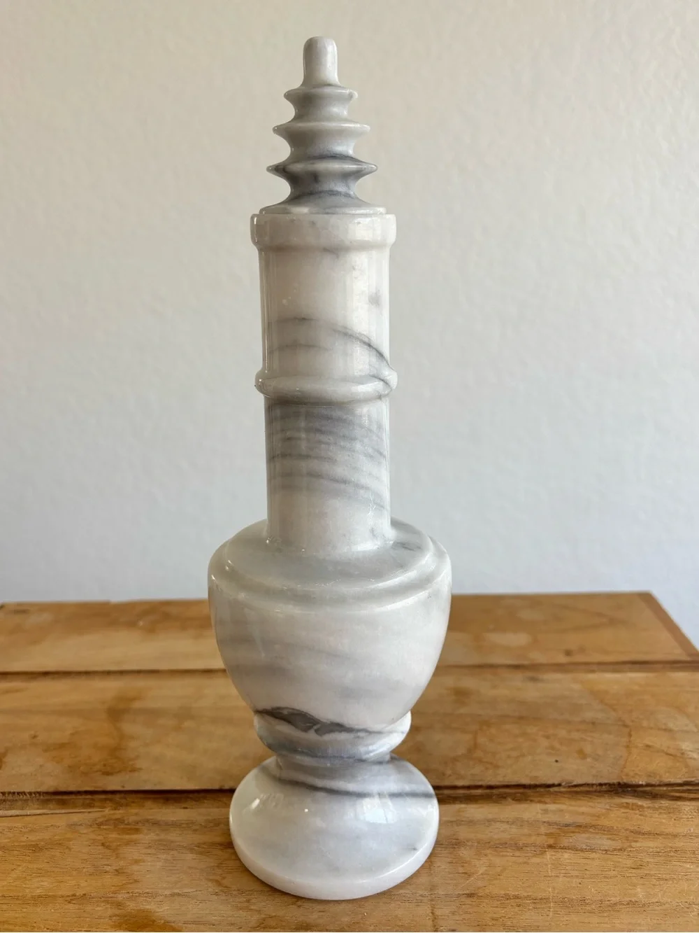 Vintage Marble Decanter Pagoda Stopper White Gray Stone Barware MCM Genie Bottle